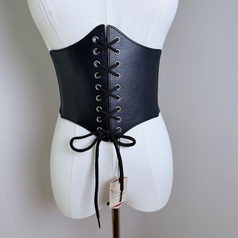 NWT Black Lace Up Corset Waist Belt Wide Elastic Faux Leather Goth Grunge OS